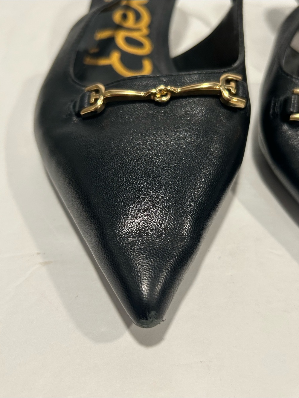 Sam Edelman "Farrah" Black Leather Horsebit Slingback Kitten Heels - Size 6W - Picture 9 of 12